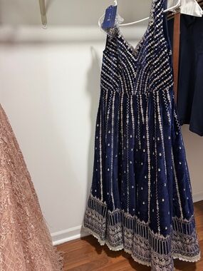 Sleeveless Navy velvet Embellished Maxi Dress by lashkaraa